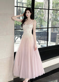 Sweet Pink Purple Lace Tulle Spaghetti Strap A-Line Prom Dresses HZ1108