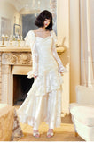 Elegant Light Apricot Chiffon Jacquard Long Sleeves Ruffled Evening Dress HZ1108