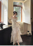 Elegant Light Apricot Chiffon Jacquard Long Sleeves Ruffled Evening Dress HZ1108