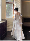 Elegant Light Apricot Chiffon Jacquard Long Sleeves Ruffled Evening Dress HZ1108