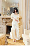 Elegant Light Apricot Chiffon Jacquard Long Sleeves Ruffled Evening Dress HZ1108