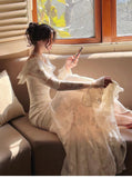 Elegant Light Apricot Chiffon Jacquard Long Sleeves Ruffled Evening Dress HZ1108