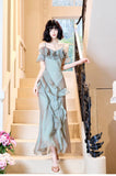 French Elegant Spaghetti Straps Ruffled Tulle Sheath Evening Dress HZ1108
