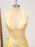 Gorgeous Butter Yellow V-Neck Satin Mermaid Prom Dresses Formal Evening Dresses HZ1108