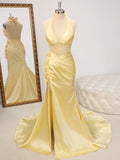 Gorgeous Butter Yellow V-Neck Satin Mermaid Prom Dresses Formal Evening Dresses HZ1108
