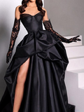 Black Sweetheart Neck A-Line Satin Prom Dresses Formal Evening Dress with Slit HZ1108