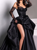 Black Sweetheart Neck A-Line Satin Prom Dresses Formal Evening Dress with Slit HZ1108