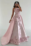 Elegant Pink A-Line Strapless Satin Prom Dress with Appliques Train Evening Gowns HZ1108