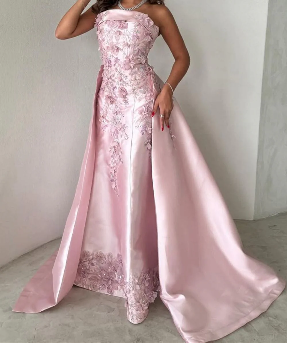 Elegant Pink A-Line Strapless Satin Prom Dress with Appliques Train Evening Gowns HZ1108