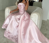Elegant Pink A-Line Strapless Satin Prom Dress with Appliques Train Evening Gowns HZ1108
