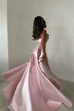 Elegant Pink A-Line Strapless Satin Prom Dress with Appliques Train Evening Gowns HZ1108