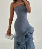 Dusty Blue Mermaid Strapless Long Tulle Prom Dress with Ruffle Evening Gowns HZ1108