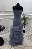 Dusty Blue Mermaid Strapless Long Tulle Prom Dress with Ruffle Evening Gowns HZ1108