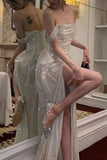 Elegant A-Line Off the Shoulder Evening Gowns Silver Sequins Long Prom Dress with Split Front HZ1108