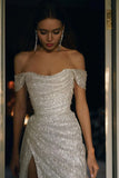 Elegant A-Line Off the Shoulder Evening Gowns Silver Sequins Long Prom Dress with Split Front HZ1108