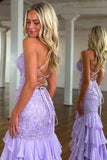 Stunning Lilac Mermaid Spaghetti Straps Silt Prom Dress Backless Lace Applique Evening Dress with Ruffles HZ1108