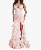 Stunning Lilac Mermaid Spaghetti Straps Silt Prom Dress Backless Lace Applique Evening Dress with Ruffles HZ1108