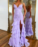 Stunning Lilac Mermaid Spaghetti Straps Silt Prom Dress Backless Lace Applique Evening Dress with Ruffles HZ1108
