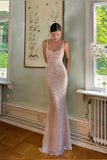 Bling Champagne Sheath Spaghetti Straps Mermaid Sequins Long Prom Dress for Party&Special Events HZ1108