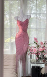 Gorgeous Pink Chiffon Beaded Spaghetti Straps Short Prom Dresses Vintage Evening Gowns HZ1108