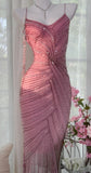 Gorgeous Pink Chiffon Beaded Spaghetti Straps Short Prom Dresses Vintage Evening Gowns HZ1108