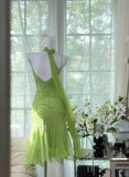 Fairytale Bud Green Sheath Short Prom Dresses Chiffon Beaded Backless Party Dress HZ1108