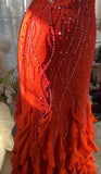 Elegant Red Spaghetti Strap Chiffon Ruffle Beaded Sheath Long Prom Dresses HZ1108