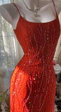 Elegant Red Spaghetti Strap Chiffon Ruffle Beaded Sheath Long Prom Dresses HZ1108