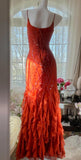 Elegant Red Spaghetti Strap Chiffon Ruffle Beaded Sheath Long Prom Dresses HZ1108
