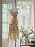 Fascinating Vintage Gold V-Neck Spaghetti Straps Lace Beading Short Prom Dresses HZ1108