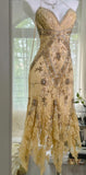Fascinating Vintage Gold V-Neck Spaghetti Straps Lace Beading Short Prom Dresses HZ1108