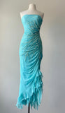Gorgeous Blue Chiffon Beaded Sheath Strapless Prom Dresses Formal Evening Dress with Ruffles HZ1108