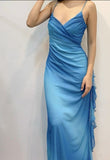 Gradient Blue Glitter Chiffon Party Dress Spaghetti Straps Ruffles Long Prom Dresses HZ1108