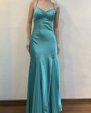 Vintage Turquoise Satin Chiffon Mermaid Long Prom Dresses for Party HZ1108
