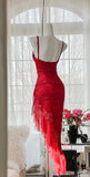 Elegant Red Lace Spaghetti Straps Prom Dresses Vintage Party Dresses with Ruffles HZ1108