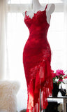 Elegant Red Lace Spaghetti Straps Prom Dresses Vintage Party Dresses with Ruffles HZ1108