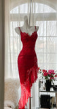 Elegant Red Lace Spaghetti Straps Prom Dresses Vintage Party Dresses with Ruffles HZ1108