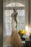 Gorgeous Light Champagne Sweetheart Neck Tulle Sequin Mermaid Long Prom Dresses Elegant Party Dress HZ1108