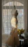 Gorgeous Light Champagne Sweetheart Neck Tulle Sequin Mermaid Long Prom Dresses Elegant Party Dress HZ1108