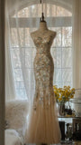 Gorgeous Light Champagne Sweetheart Neck Tulle Sequin Mermaid Long Prom Dresses Elegant Party Dress HZ1108