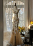 Gorgeous Light Champagne Sweetheart Neck Tulle Sequin Mermaid Long Prom Dresses Elegant Party Dress HZ1108