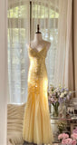 Fairytale Butter Yellow Mermaid Spaghetti Straps Tulle Sequin Long Prom Dresses Vintage Backless Evening Gowns HZ1108