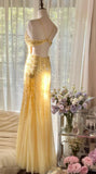Fairytale Butter Yellow Mermaid Spaghetti Straps Tulle Sequin Long Prom Dresses Vintage Backless Evening Gowns HZ1108