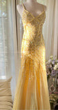 Fairytale Butter Yellow Mermaid Spaghetti Straps Tulle Sequin Long Prom Dresses Vintage Backless Evening Gowns HZ1108
