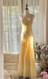 Fairytale Butter Yellow Mermaid Spaghetti Straps Tulle Sequin Long Prom Dresses Vintage Backless Evening Gowns HZ1108