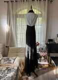 Elegant Black and White High Waist Scoop Neck Beaded Chiffon Prom Dresses, Vintage Evening HZ1108