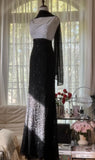 Elegant Black and White High Waist Scoop Neck Beaded Chiffon Prom Dresses, Vintage Evening HZ1108