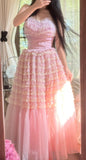 Sweet Pink Tulle Layered A-line Strapless Birthday Prom Dresses Formal Evening Gowns HZ1108