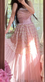 Sweet Pink Tulle Layered A-line Strapless Birthday Prom Dresses Formal Evening Gowns HZ1108