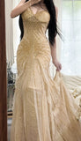 Gorgeous Spaghetti Straps Beaded Chiffon Mermaid Prom Dresses Vintage Evening Gowns HZ1108